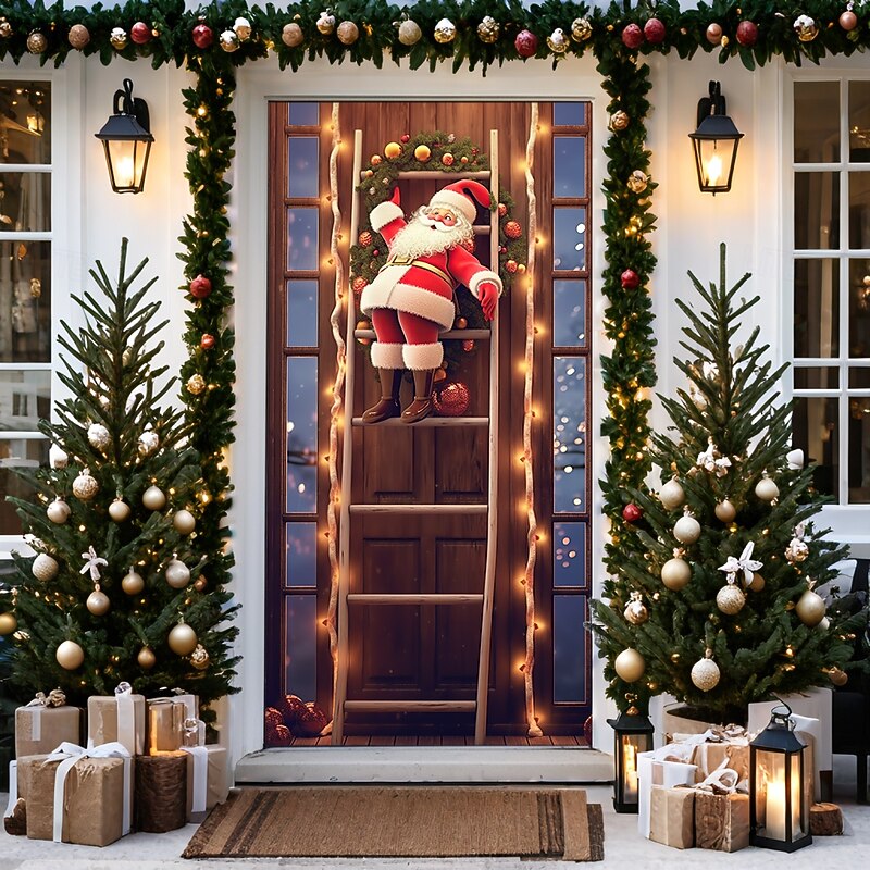 Christmas Door Decorations Door Covers Xmas Santa Ladder Door Tapestry Door Curtain Decoration Backdrop Door Banner for Front Door Farmhouse Holiday Party Decor Supplies Indoor/Outdoor3