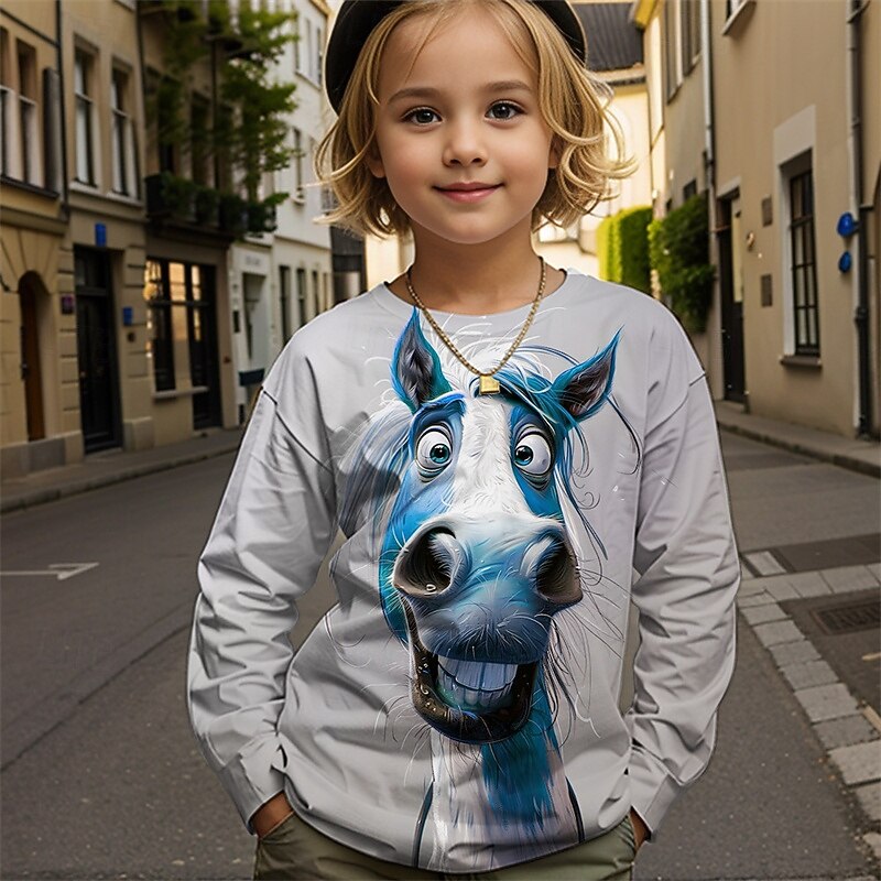 Girls' 3D Graphic Animal Horse T shirt Tee Long Sleeve Spring Fall Fashion Basic Kids 4-12 Years Crew Neck Outdoor Casual Daily Regular Fit2