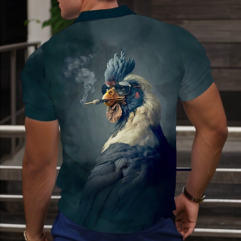 Men's Rooster Golf Shirt Short Sleeve Polo Shirts Collared Shirts Casual Funny Streetwear Vacation Wear Party Outfits Buttons 3D Print Summer Black2