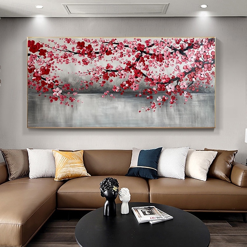 Large Plum Blossom Oil Painting Hand painted Pink Flowers Canvas Wall Art Thick Texture Palette Knife Painting Bedside Art Anniversary Gift Home Decor