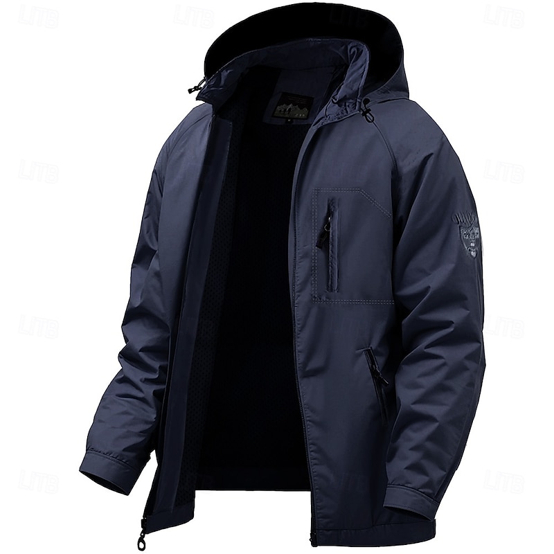 Men's Jacket Raincoat Shell Jacket Waterproof Lightweight Sports Outdoor Camping & Hiking Embroidered Side Pockets Zip Front Fall Winter Hooded Long Sleeve Green khaki Dark Blue4