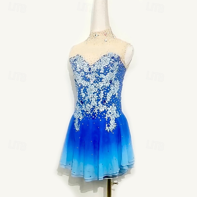 Figure Skating Dress Women's Girls' Ice Skating Dress Blue Patchwork Mesh High Elasticity Training Competition Skating Wear Classic Crystal / Rhinestone Sleeveless Ice Skating Figure Skating2