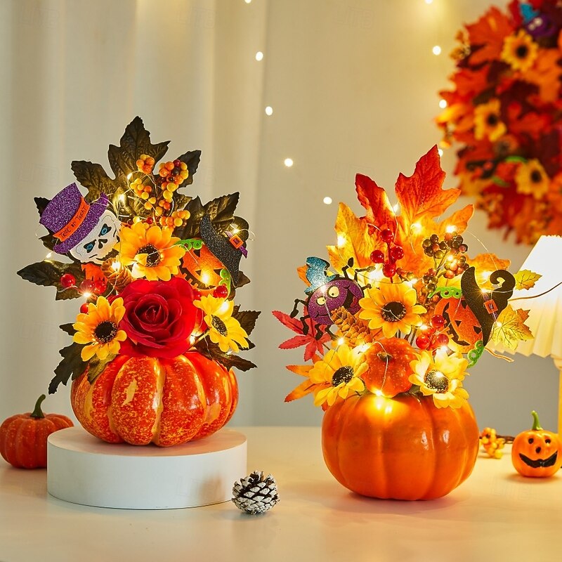 Halloween Fall Desktop Ornament with Faux Pumpkin, Maple Leaves and LED Light for Autumn Harvest Festival, Spooky Halloween Scene Decoration for Fall Home and Party Setup4