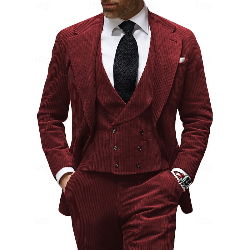 Men's Wedding Suits Peak Black Burgundy Solid Colored Tailored Fit 3 Piece Single Breasted Two-buttons2