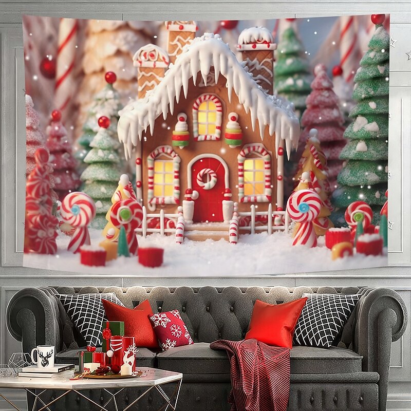Christmas Decorations Hanging Tapestry Wall Art Xmas Gingerbread Candy Cane Large Tapestry Mural Decor Photograph Backdrop Blanket Curtain Home Bedroom Living Room4