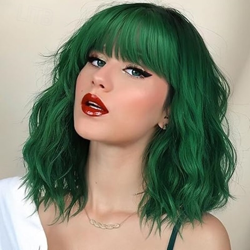 Short Wavy Wig with Bangs for Women Shoulder Length Bob Curly Women's Charming Synthetic Wigs with Natural Wavy Heat Resistant Hair for Daily Party Use