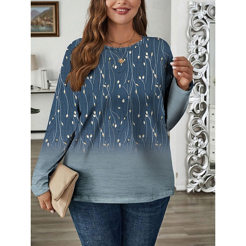 Women's Plus Size T Shirt Tops Tee Ombre Print Long Sleeve Crew Neck Casual Daily Fall Winter Blue