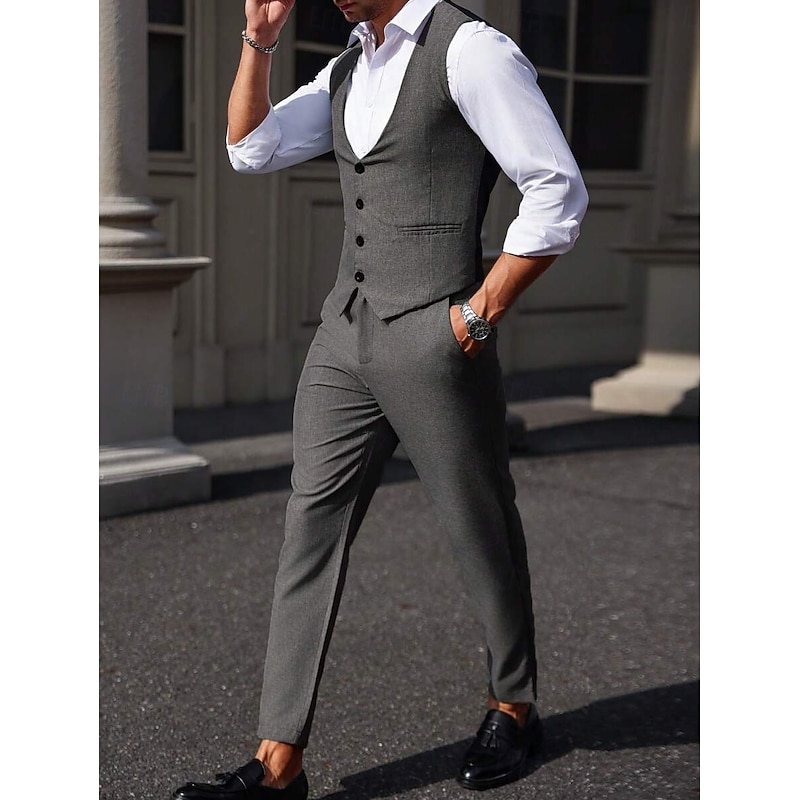 Men's Wedding Party Evening Wear Suits Black White Fashion Daily Solid Colored Standard Fit 2 Piece3