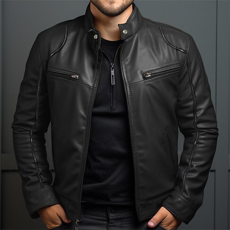 Men's Faux Leather Jacket Transition Jacket Biker Jacket Red Leather Jacket Vacation Daily Windproof Warm Pocket Fall & Winter Plain Fashion Classic Stand Collar Regular Faux Leather Black White Wine3