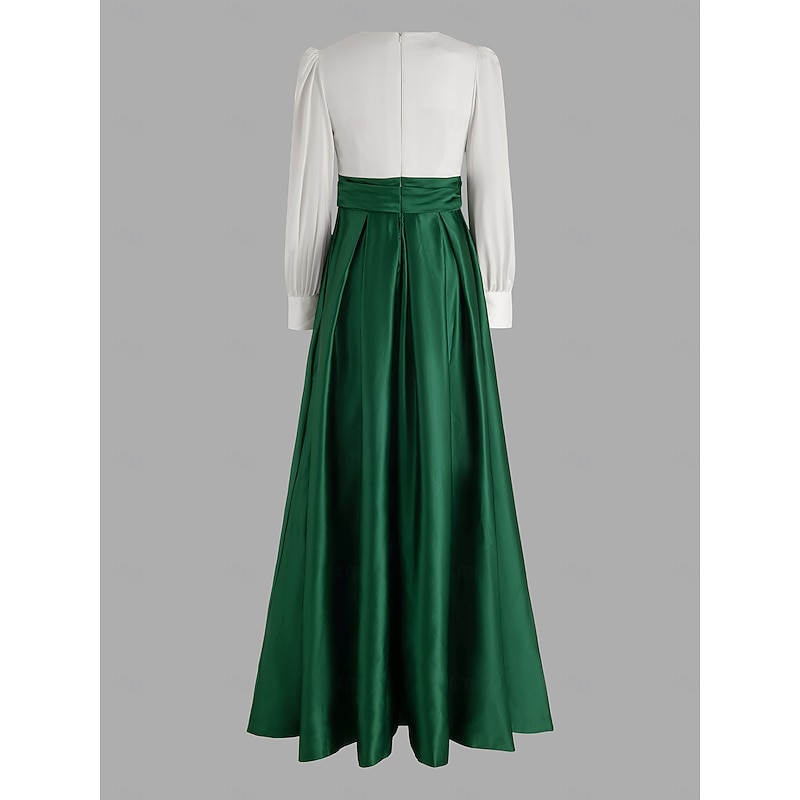 A-Line Evening Gown Elegant Dress Formal Wedding Guest Sweep / Brush Train Long Sleeve V Neck Satin with Pleats Slit4