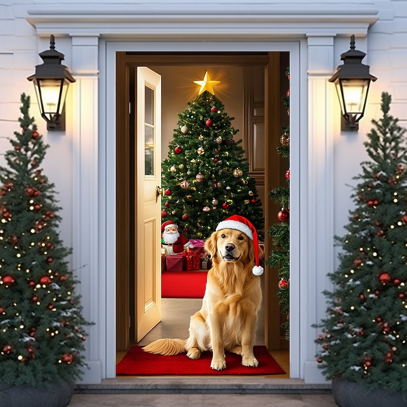 Christmas Door Decorations Door Covers Dog Xmas Door Tapestry Door Curtain Decoration Backdrop Indoor/Outdoor Door Banner for Front Door Farmhouse