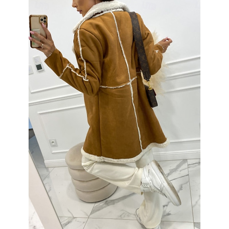 Women's Winter Coat Windproof Warm Patchwork Buttons Elegant Outdoor Solid Color Work Casual Double Breasted Turndown Loose Fit Long Sleeve Outerwear Black Brown Fall Winter2