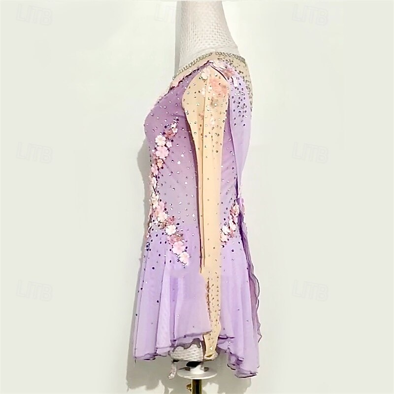 Figure Skating Dress Women's Girls' Ice Skating Dress Light Purple Patchwork Mesh High Elasticity Training Competition Skating Wear Classic Crystal / Rhinestone Long Sleeve Ice Skating Figure Skating4