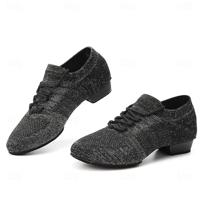 Women's Black Glitter Knit Jazz Dance Shoes with Lace-Up Design and Suede Sole - Lightweight Breathable Performance Shoes for Ballroom and Latin Dancing2