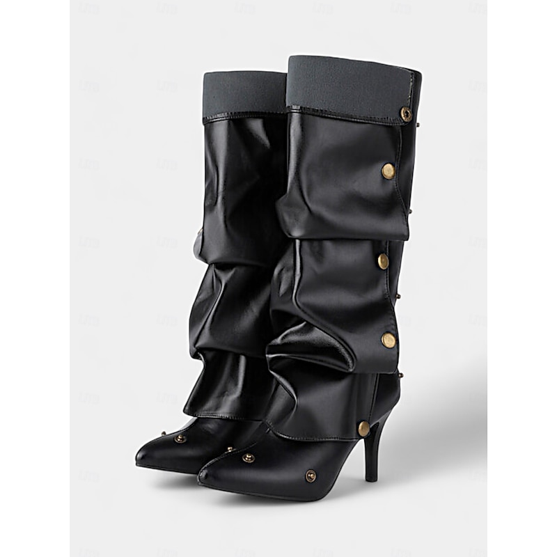 Women's Versatile Black Faux Leather High Heel Convertible Boots with Button Detailing – 2-in-1 Slouchy or Sleek Knee-High Design for Casual & Formal Occasions2