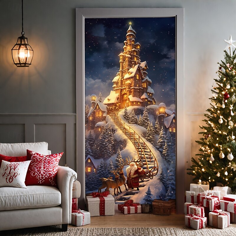 Christmas Door Decorations Door Covers Xmas Santa Castle Door Tapestry Door Curtain Decoration Backdrop Door Banner for Front Door Farmhouse Holiday Party Decor Supplies Indoor/Outdoor4