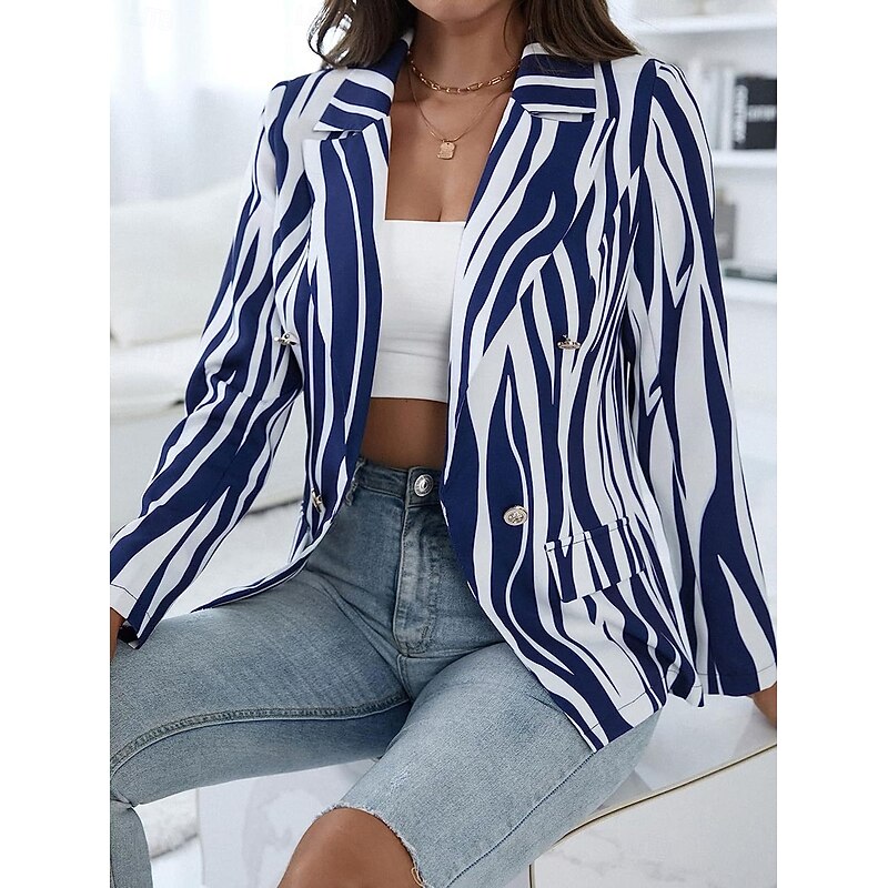 Women's Blazer Casual Work Stripe Stylish Regular Fit Outerwear Long Sleeve Spring Blue4