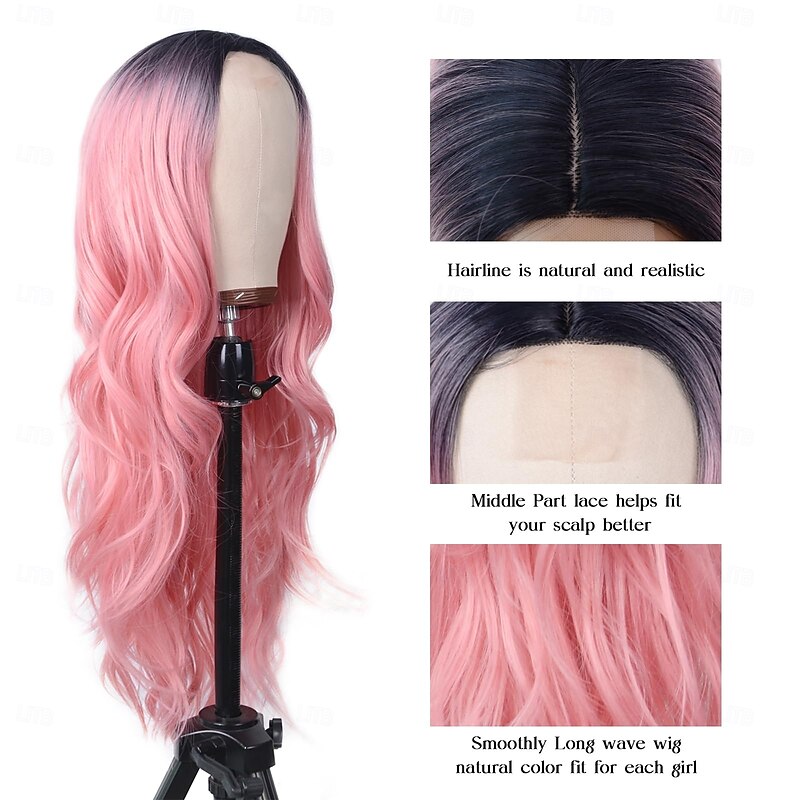 Long Ombre Pink Wavy Wig for Women -26inch Middle Part Long Pink Curly Wavy Wig with Dark Roots Heat Resistant Synthetic Hair Looking Natural, Fiber Wig for Daily Party Use3