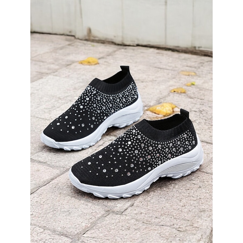 Women's Black Slip-On Sneakers with Rhinestone Embellishments and Chunky White Sole – Stylish and Comfortable Athletic Shoes for Casual Wear