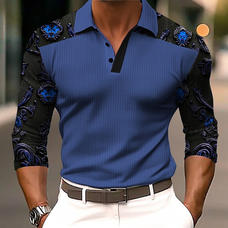 Halloween Men's 3D Print Waffle Polo Shirts Golf Polos Shirts Long Sleeve Polo Shirts Collar Dark Vacation Party Evening Wear Dailywear Buttons 3D Print Spring Fall Winter Red Blue Purple3