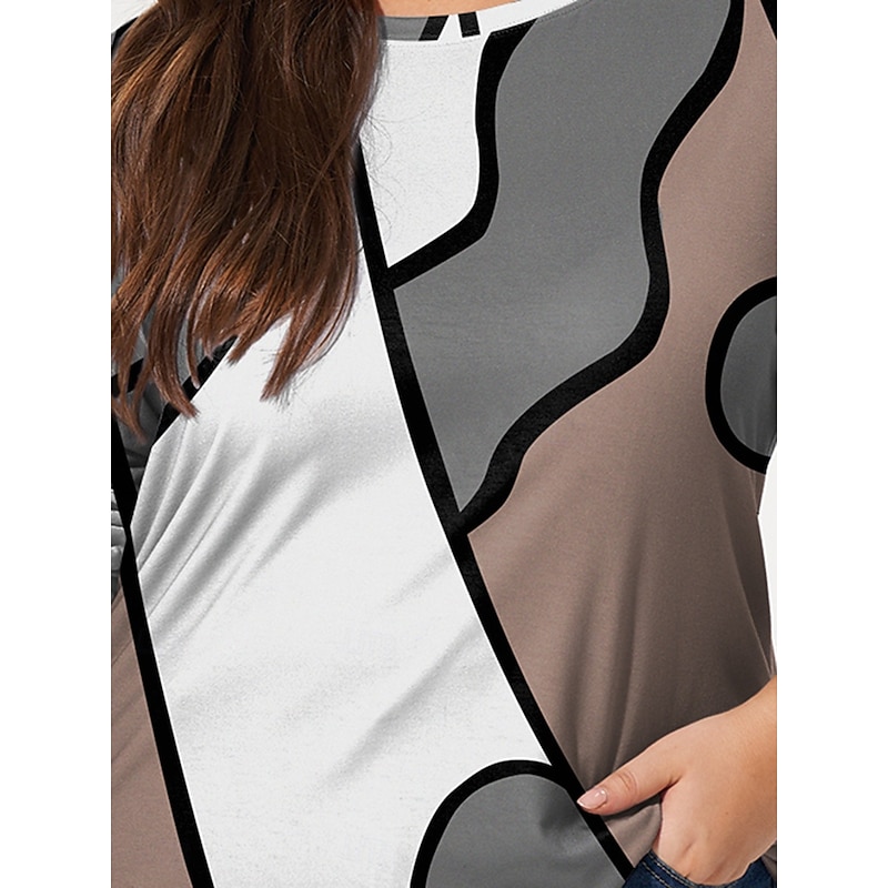 Women's Plus Size Tops T shirt Tee Color Block Print Long Sleeve Crew Neck Casual Daily Fall Winter Blue Green3