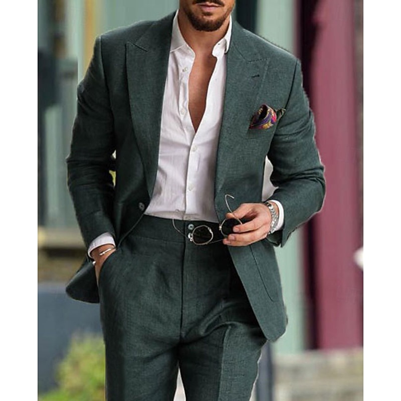 Men's Wedding Suits Closure collar Dark Green Solid Colored Slim Fit 2 Piece Single Breasted One-button2