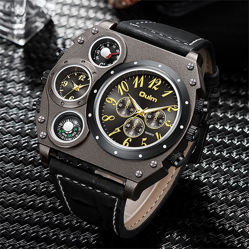 Oulm Large Dial Men Watches Luxury Brand Male Quartz Watch Big Size Men's Two Time Zone Leather Sport Wristwatches3