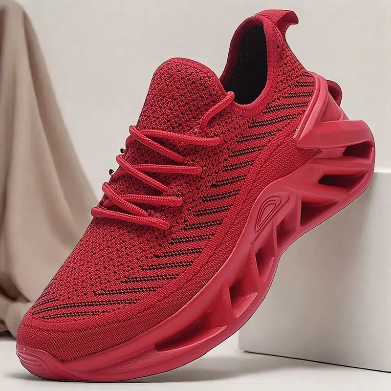 Men's Red Breathable Flyknit Running Sneakers with Lightweight Cushion Sole – Ideal for Workouts and Daily Wear