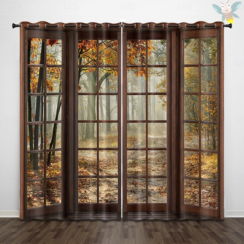 Perforated Blackout Curtains Window Forest Beautiful Scenery Insulation Outdoor Balcony Rest Living Room Home Decoration 2-piece Set 3D Digital Printing2