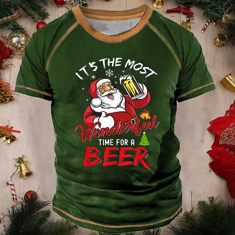 Christmas Men's Funny Christmas 3D T-shirts Tee Santa Claus Graphic Prints Crew Neck Black Red Blue Green 3D Print Outdoor Short Sleeve Patchwork Print Clothing Apparel Polyester Sports Designer - Main Image