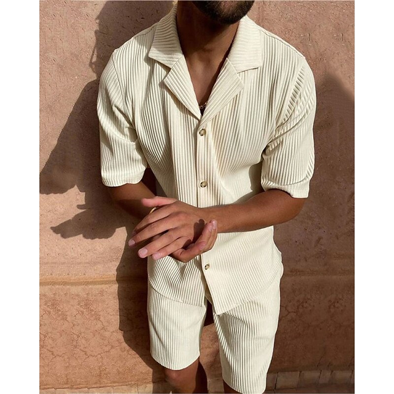 Men's Corduroy Shirt T-shirt Suits 2 Pieces Outfits Tee & Shorts Short Sleeve Lapel Summer Plain Fashion Casual 2 Piece Vacation Daily Wear Going out Black Pink Blue Top Tee for Men3