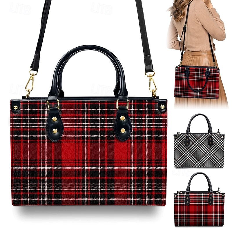 Women's Red Tartan Plaid Handbag with Adjustable Strap – Stylish Crossbody Bag for Everyday and Office Use