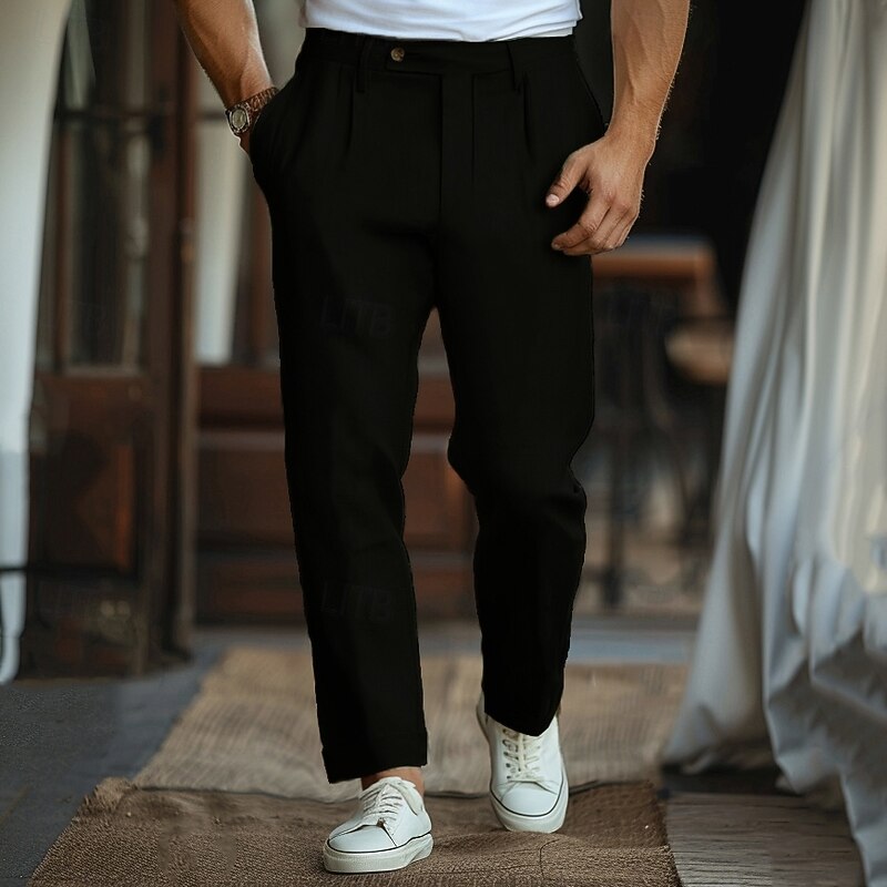Men's Linen Pants Chinos Solid Color Full Length Wedding Party Outdoor Elegant Vacation Black White Micro-elastic4