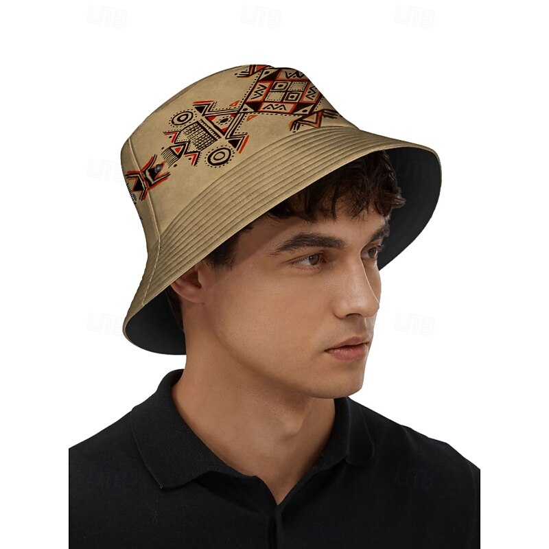 Men's Beige Bucket Hat with Ethnic Geometric Print - Stylish Summer Hat for Outdoor Adventures and Festivals3