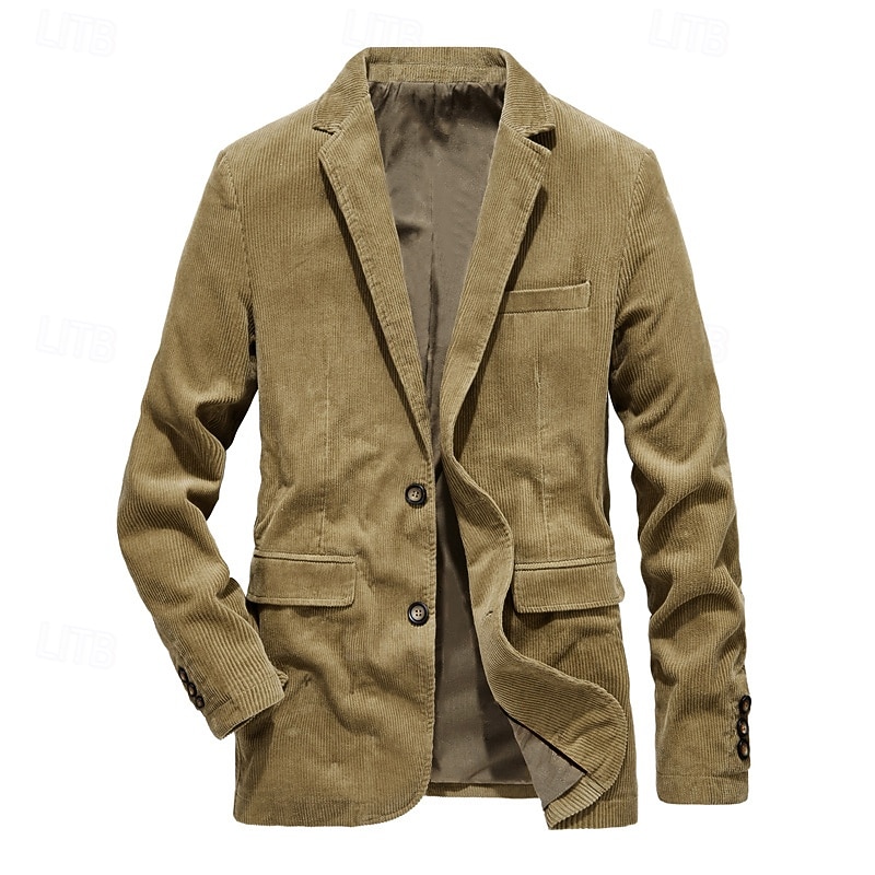 Men's Winter Coat School Formal Wedding Elegant Warm Fall Winter Corduroy Solid Color Single Breasted Two-button Blazer khaki3