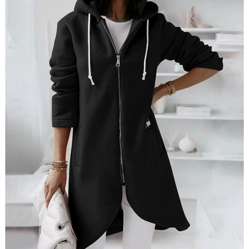 Women's Casual Jacket Outdoor Zipper Solid Color Windproof Fashion Loose Fit Outerwear Long Sleeve Fall Black S4