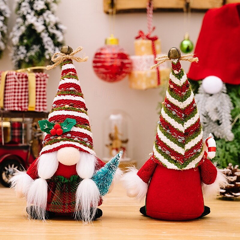 Christmas Gnome Figurines - Knitted Striped Hat with Bell, Holding Peppermint Candy Cane, Nordic Rudolph and Christmas Tree Decorations, Festive Holiday Ornaments4