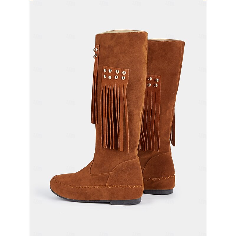 Women's Faux Suede Fringe Boots with Studded Details – Retro Western Style Knee-High Moccasin Boots for Casual or Festival Wear3