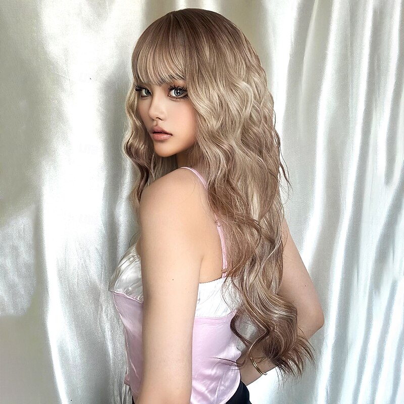 Synthetic Wig Uniforms Career Costumes Princess Curly Wavy Middle Part Layered Haircut With Bangs Machine Made Wig 28 inch Rose Gold Synthetic Hair Women's Cosplay Party Fashion Black / Blonde3