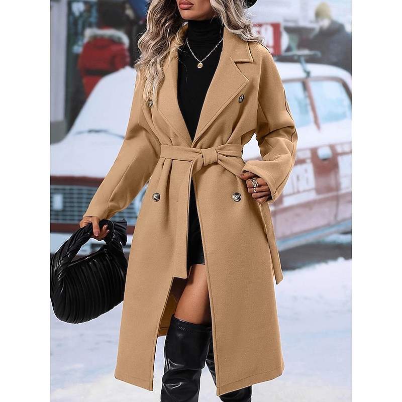 Women's Winter Coat Windproof Warm Buttons With Belt Elegant Outdoor Solid Color Work Casual Double Breasted Turndown Loose Fit Long Sleeve Outerwear Black Red Khaki Fall Winter