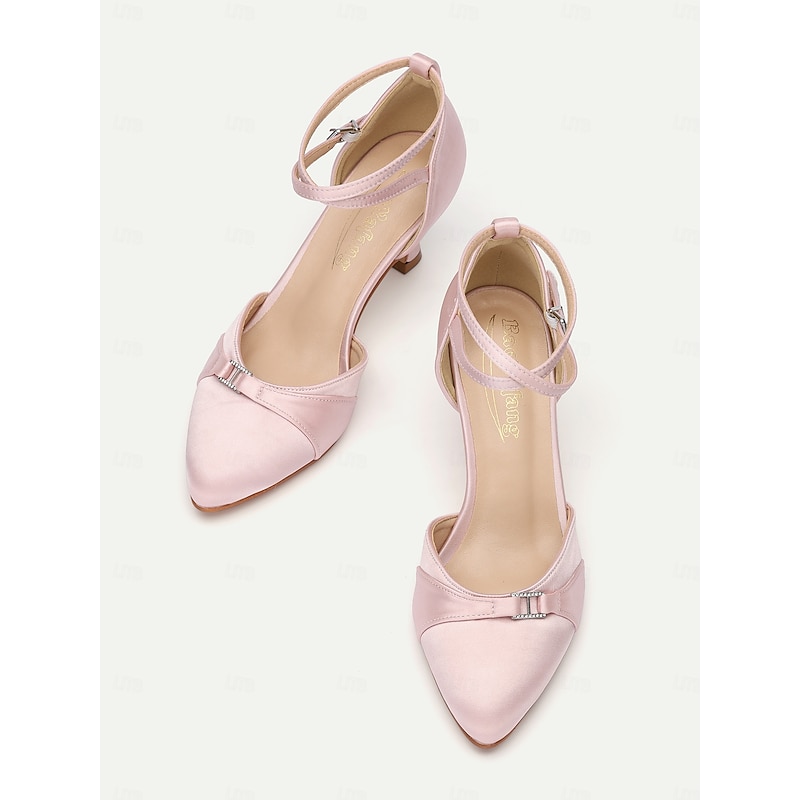 Women's Pink Satin Ankle Strap Heels with Bow Detail – Elegant Wedding or Party Shoes with Mid-Heel for Formal Occasions4