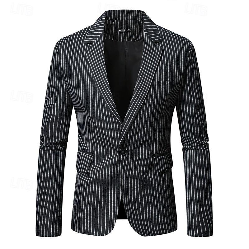 Men's Blazer Jacket Formal Outdoor Casual Lined Classic & Timeless Chic & Modern All Seasons Polyester Cotton Blend Vertical Stripes Modern Style Single Breasted One-button Blazer Black2