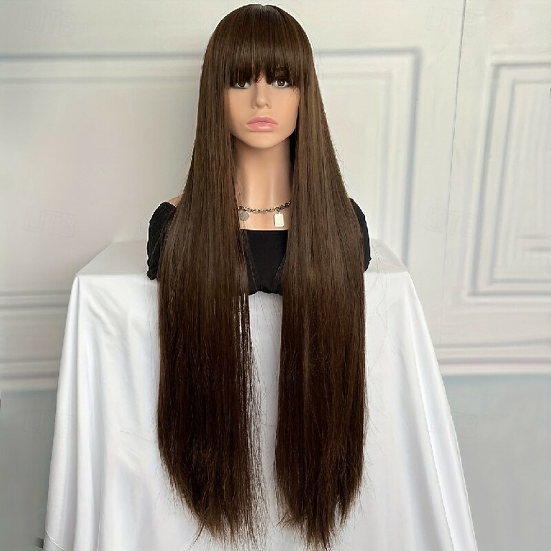 Long Straight Hair Wig - Heat Resistant Synthetic Fiber with Bangs or Middle Part - Perfect for Carnival Cosplay Parties - Fashion Womens Wig