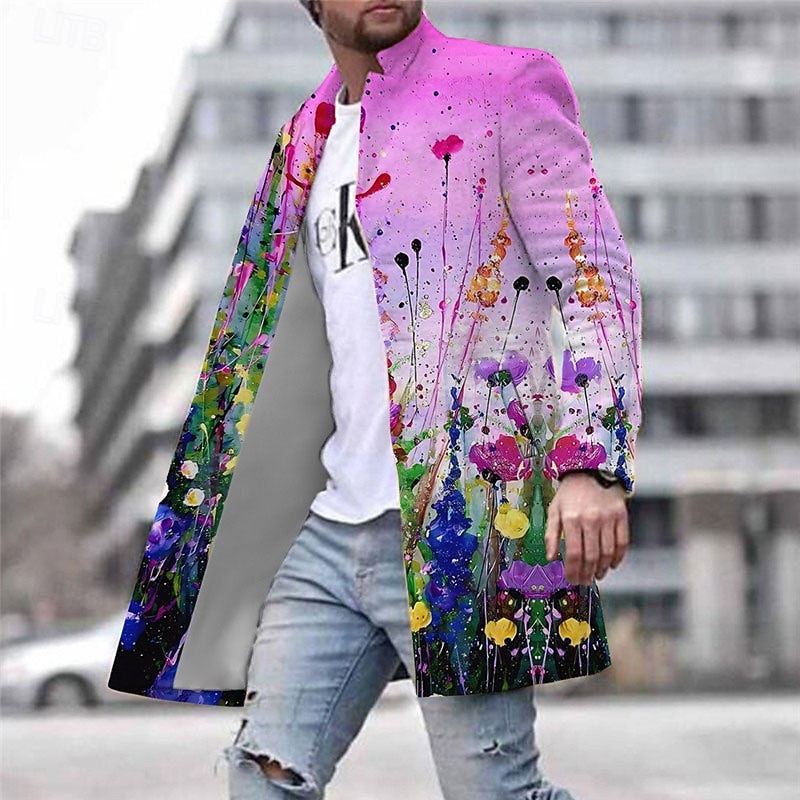 Men's Floral Graphic Prints Winter Coat Overcoat Coat Warm Comfortable Breathable Fashion Streetwear Business Work Wear to work Going out Pocket Print Fall & Winter Turndown Long Sleeve Yellow Purple