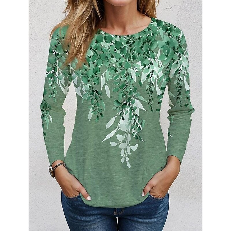 Women's T shirt Crew Neck Long Sleeve Tunic Casual Print Regular Tops Daily Navy Blue Blue Green Khaki Spring Fall4