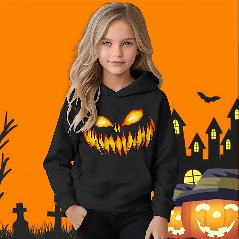 Halloween Girls' 3D Graphic Pumpkin Hoodie Long Sleeve Fall Winter Fashion Basic Polyester Kids 4-12 Years Hooded Outdoor Casual Daily Regular Fit3