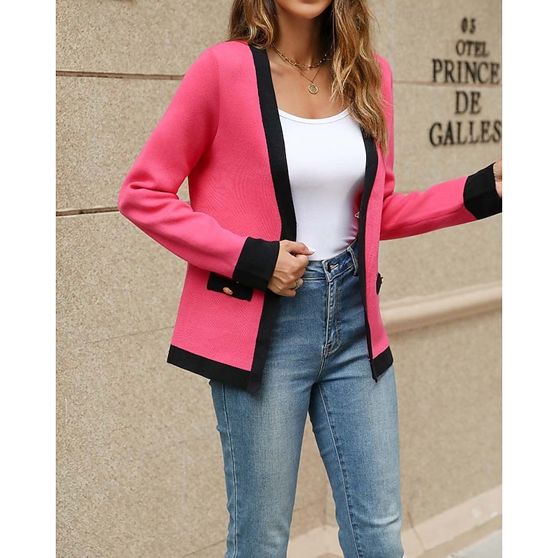 Women's Cardigan Fashion Daily Color Block V Neck Knitted Long Sleeve Regular Tops Knit Work White / Black Hot Pink Fall Winter4