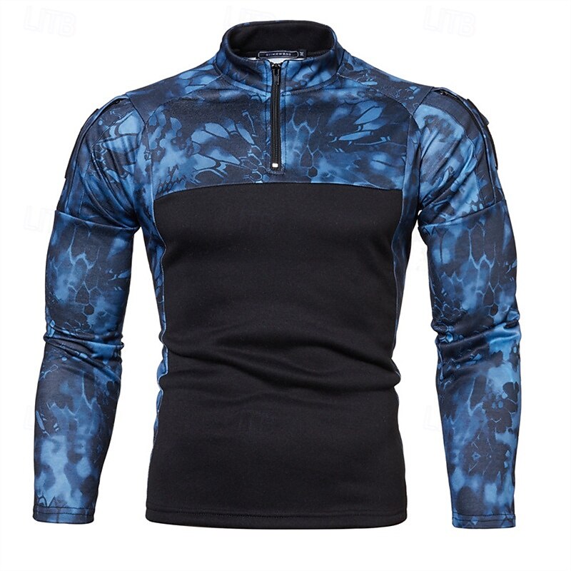 Men's T shirt Long Sleeve Quarter Zip Tee Tshirt Muscle T-Shirt Bodybuilding Stretch Tee Outdoor Quick Dry Workout Soft Sweat wicking Polyester Camo Black Army Green Light Grey Gym Climbing Camping2