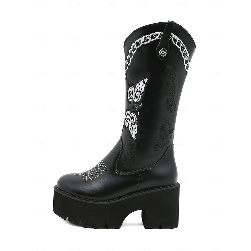 Women's Black Platform Western Cowboy Boots – Embroidered Butterfly Design with Chunky Heel and Side Zipper for Vintage and Modern Styling3