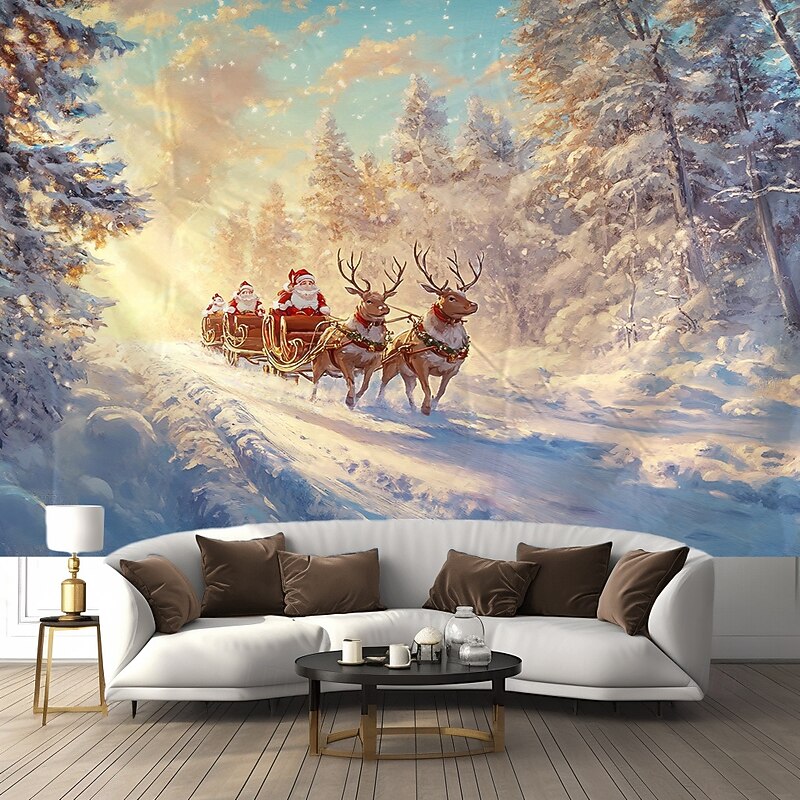 Christmas Decorations Hanging Tapestry Wall Art Xmas Deer Santa Claus Sleigh Large Tapestry Mural Decor Photograph Backdrop Blanket Curtain Home Bedroom Living Room